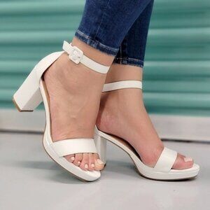 Women's White Ankle Strap Block Heel Dress Sandals